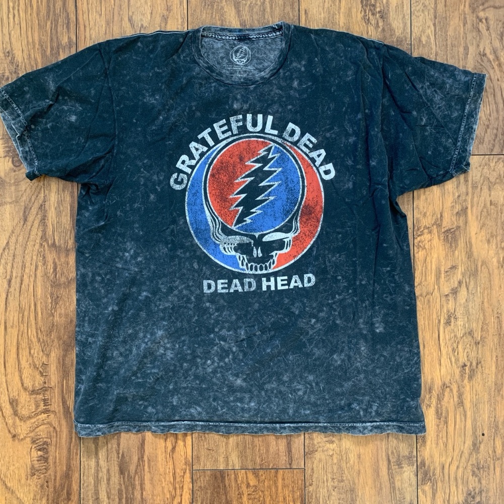 Grateful Dead Black Mineral Wash Tee with Red & Blue Lightning Skull